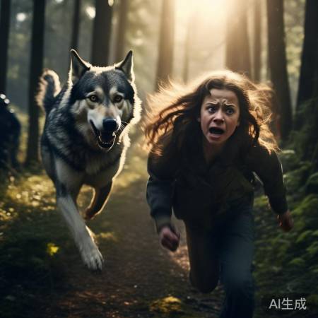 少女逃进树林，狼狗紧追不舍