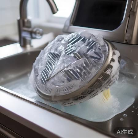 清洗油烟机滤网，热水浸泡，洗洁